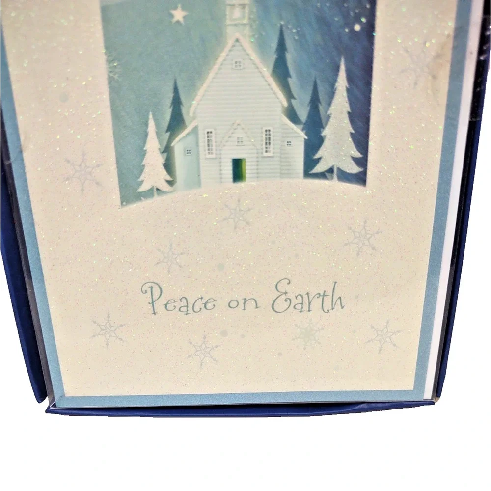 16 Christmas Holiday Greeting Cards & Envelopes Peace On Earth Blue Paper Images
